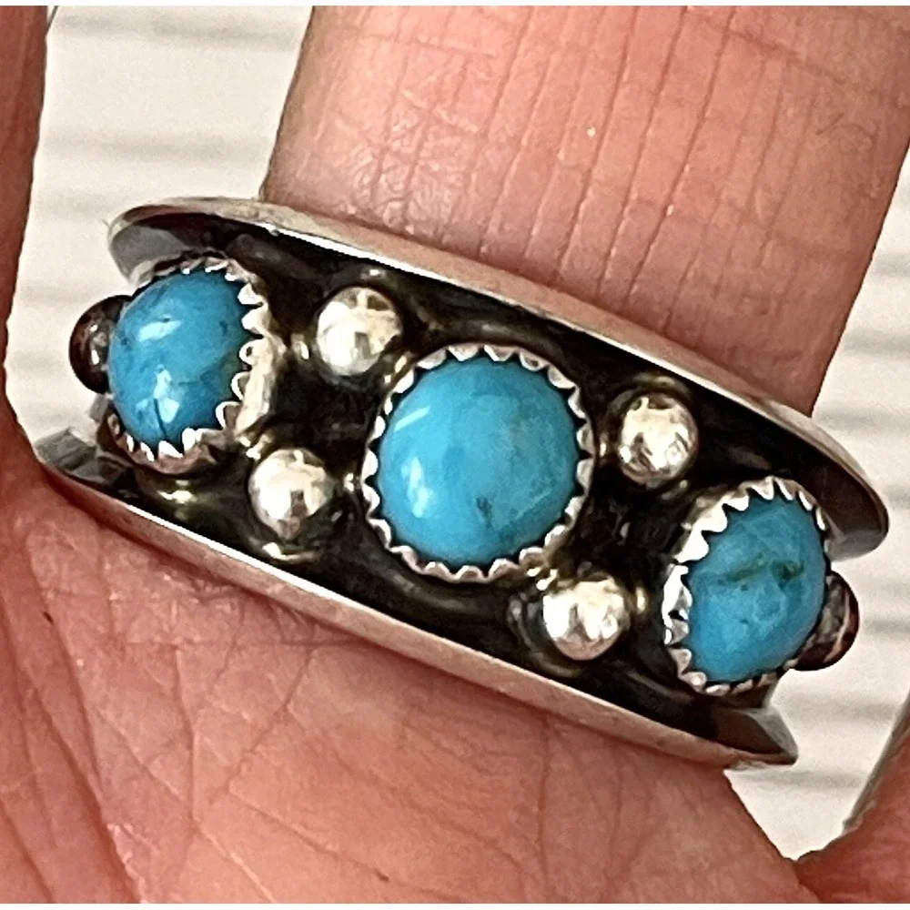 Navajo Turquoise Mens Band Sz 12.5 Three Stone Ring 12mm Sterling Dark Native 5g